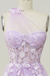 Prom Dress Long Elegant, Lavender One Shoulder Appliques Long Formal Dress